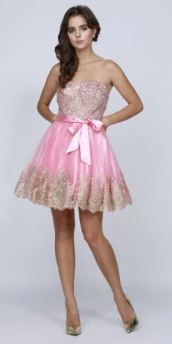 Juliet 759 Short Sweetheart Neckline Strapless Dress With Bow(Coral Gold Sweetheart Neckline Strapless Homecoming Dress) -Discount Dress Shops 759 juliet coral