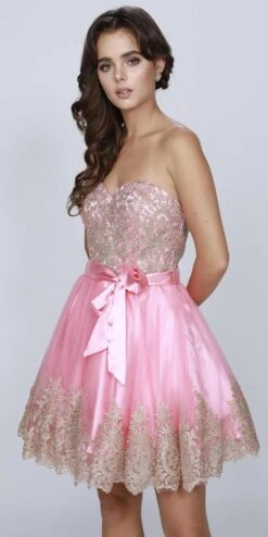 Juliet 759 Short Sweetheart Neckline Strapless Dress With Bow(Coral Gold Sweetheart Neckline Strapless Homecoming Dress) -Discount Dress Shops 759 juliet coral zoom