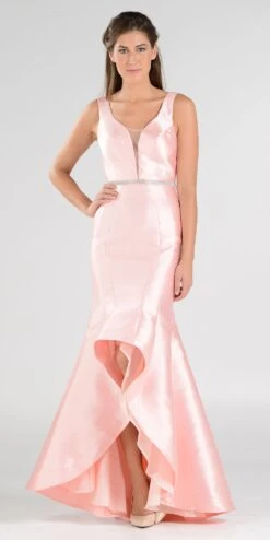 Poly USA | Ed Young 7590 High And Low Mermaid Gown V-Shape Back(High And Low Mermaid Prom Gown V Shape Back Embellished Waist Ivory) -Discount Dress Shops 7590po pink
