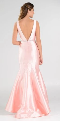 Poly USA | Ed Young 7590 High And Low Mermaid Gown V-Shape Back(High And Low Mermaid Prom Gown V Shape Back Embellished Waist Ivory) -Discount Dress Shops 7590po pink bk