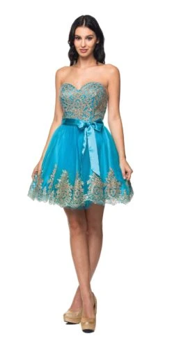 Juliet 759 Short Sweetheart Neckline Strapless Dress With Bow(Coral Gold Sweetheart Neckline Strapless Homecoming Dress) -Discount Dress Shops 759CYANA