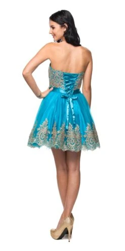 Juliet 759 Short Sweetheart Neckline Strapless Dress With Bow(Coral Gold Sweetheart Neckline Strapless Homecoming Dress) -Discount Dress Shops 759CYANBLUEB