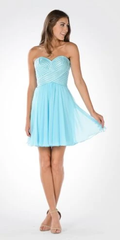 Poly USA | Ed Young 7716 Strapless Embellished Bodice A-line Chiffon Short Dress(Strapless Embellished Bodice A Line Chiffon Short Party Dress Aqua)