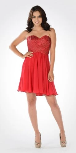 Poly USA | Ed Young 7716 Strapless Embellished Bodice A-line Chiffon Short Dress(Strapless Embellished Bodice A Line Chiffon Short Party Dress Aqua) -Discount Dress Shops 7716po red