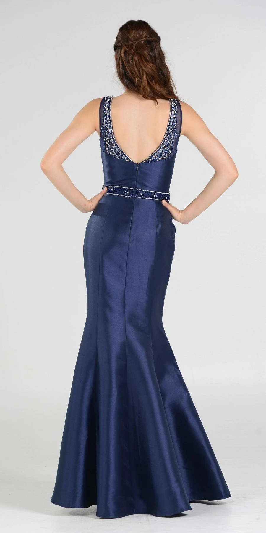 Poly USA | Ed Young 7722 Illusion Beaded Neckline Long Mermaid Dress(Navy Blue Illusion Beaded Neckline Long Mermaid Prom Dress Mikado) 2 Poly USA | Ed Young 7722 Illusion Beaded Neckline Long Mermaid Dress(Navy Blue Illusion Beaded Neckline Long Mermaid Prom Dress Mikado) - Image 2