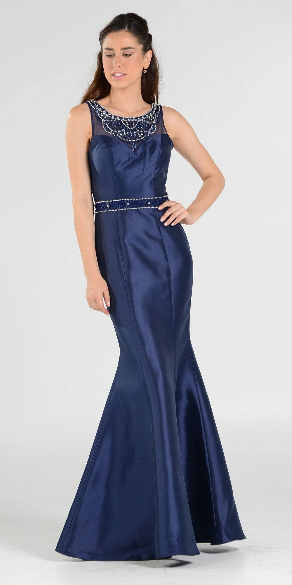 Poly USA | Ed Young 7722 Illusion Beaded Neckline Long Mermaid Dress(Navy Blue Illusion Beaded Neckline Long Mermaid Prom Dress Mikado) 1 Poly USA | Ed Young 7722 Illusion Beaded Neckline Long Mermaid Dress(Navy Blue Illusion Beaded Neckline Long Mermaid Prom Dress Mikado)