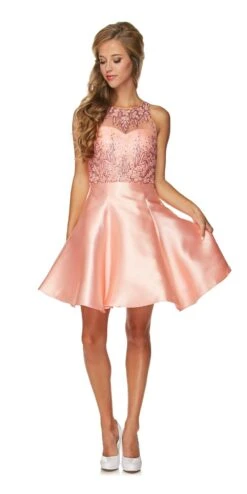 Juliet 774 Illusion Embellished Bodice Homecoming Party Dress(Juliet 774 Illusion Embellished Bodice Homecoming Party Dress Peach)
