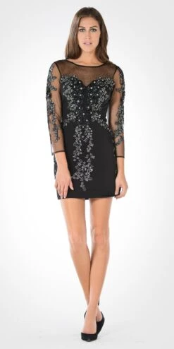 Poly USA | Ed Young 7754 Sheer Embellished Sleeves Short Illusion Dress(Black Silver Sheer Embellished Sleeves Short Illusion Party Dress)