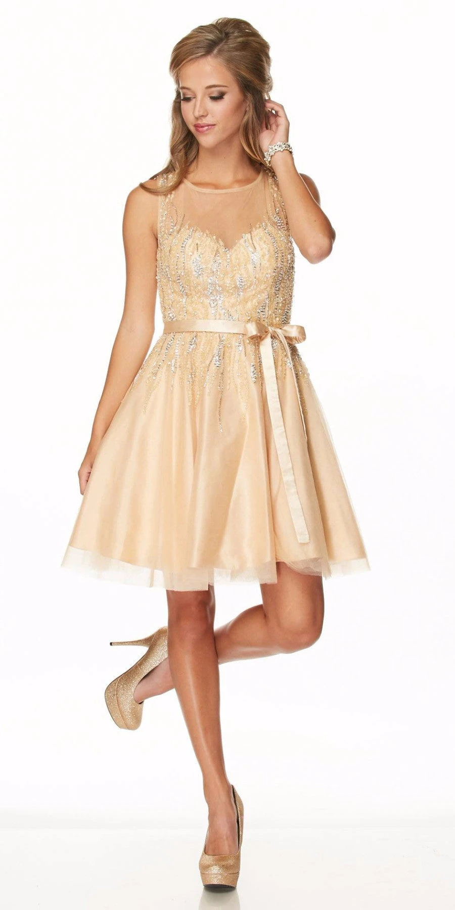 CLEARANCE - Juliet 776 Sequins Embellished Bodice Illusion Short Dress (Size M)(Sequins Embellished Bodice Illusion Short Prom Dress Gold) 4 CLEARANCE - Juliet 776 Sequins Embellished Bodice Illusion Short Dress (Size M)(Sequins Embellished Bodice Illusion Short Prom Dress Gold) - Image 4
