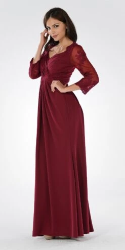 Poly USA | Ed Young 7812 Pleated Bodice Appliqued Waist And Sleeves Dress Long(Black Pleated Bodice Appliqued Waist And Sleeves Formal Dress Long) -Discount Dress Shops 7812po burgundy