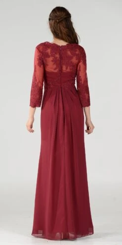 Poly USA | Ed Young 7812 Pleated Bodice Appliqued Waist And Sleeves Dress Long(Black Pleated Bodice Appliqued Waist And Sleeves Formal Dress Long) -Discount Dress Shops 7812po burgundy bk