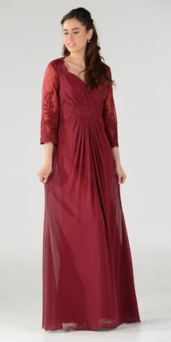 Poly USA | Ed Young 7812 Pleated Bodice Appliqued Waist And Sleeves Dress Long(Black Pleated Bodice Appliqued Waist And Sleeves Formal Dress Long) -Discount Dress Shops 7812po burgundy 1