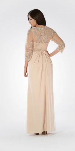 Poly USA | Ed Young 7812 Pleated Bodice Appliqued Waist And Sleeves Dress Long(Black Pleated Bodice Appliqued Waist And Sleeves Formal Dress Long) -Discount Dress Shops 7812po champagne bk