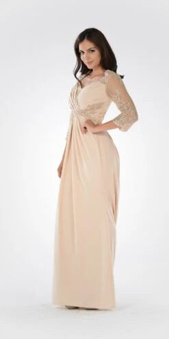 Poly USA | Ed Young 7812 Pleated Bodice Appliqued Waist And Sleeves Dress Long(Black Pleated Bodice Appliqued Waist And Sleeves Formal Dress Long) -Discount Dress Shops 7812po champagne side