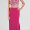 Poly USA | Ed Young 7840 Beaded Crop Top Two-Piece Dress Cap Sleeves(Magenta Beaded Crop Top Two Piece Long Prom Dress Cap Sleeves)
