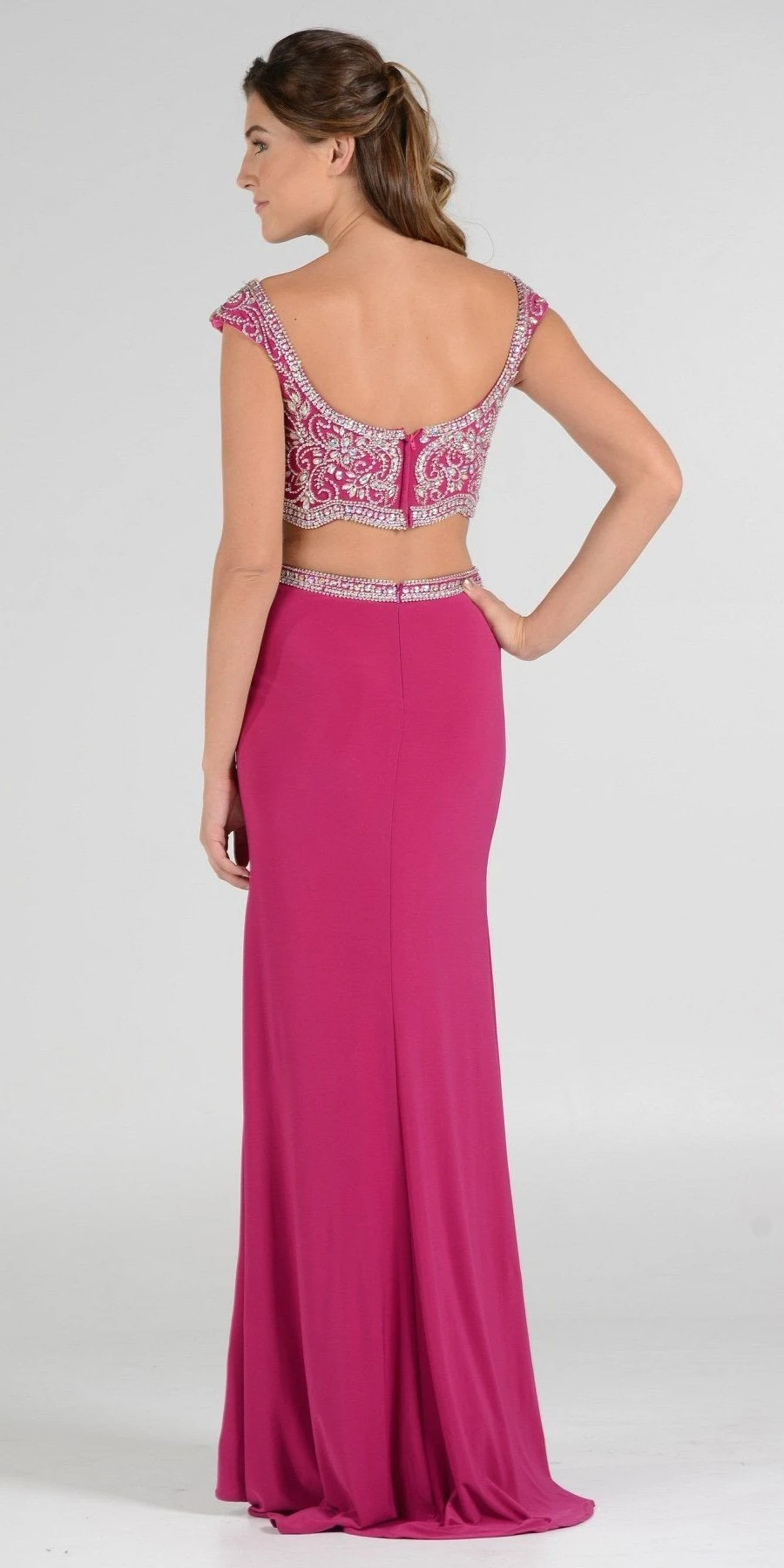 Poly USA | Ed Young 7840 Beaded Crop Top Two-Piece Dress Cap Sleeves(Magenta Beaded Crop Top Two Piece Long Prom Dress Cap Sleeves) 2 Poly USA | Ed Young 7840 Beaded Crop Top Two-Piece Dress Cap Sleeves(Magenta Beaded Crop Top Two Piece Long Prom Dress Cap Sleeves) - Image 2