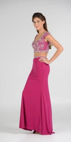 Poly USA | Ed Young 7840 Beaded Crop Top Two-Piece Dress Cap Sleeves(Magenta Beaded Crop Top Two Piece Long Prom Dress Cap Sleeves) 8 Poly USA | Ed Young 7840 Beaded Crop Top Two-Piece Dress Cap Sleeves(Magenta Beaded Crop Top Two Piece Long Prom Dress Cap Sleeves) -Discount Dress Shops 7840po magenta side