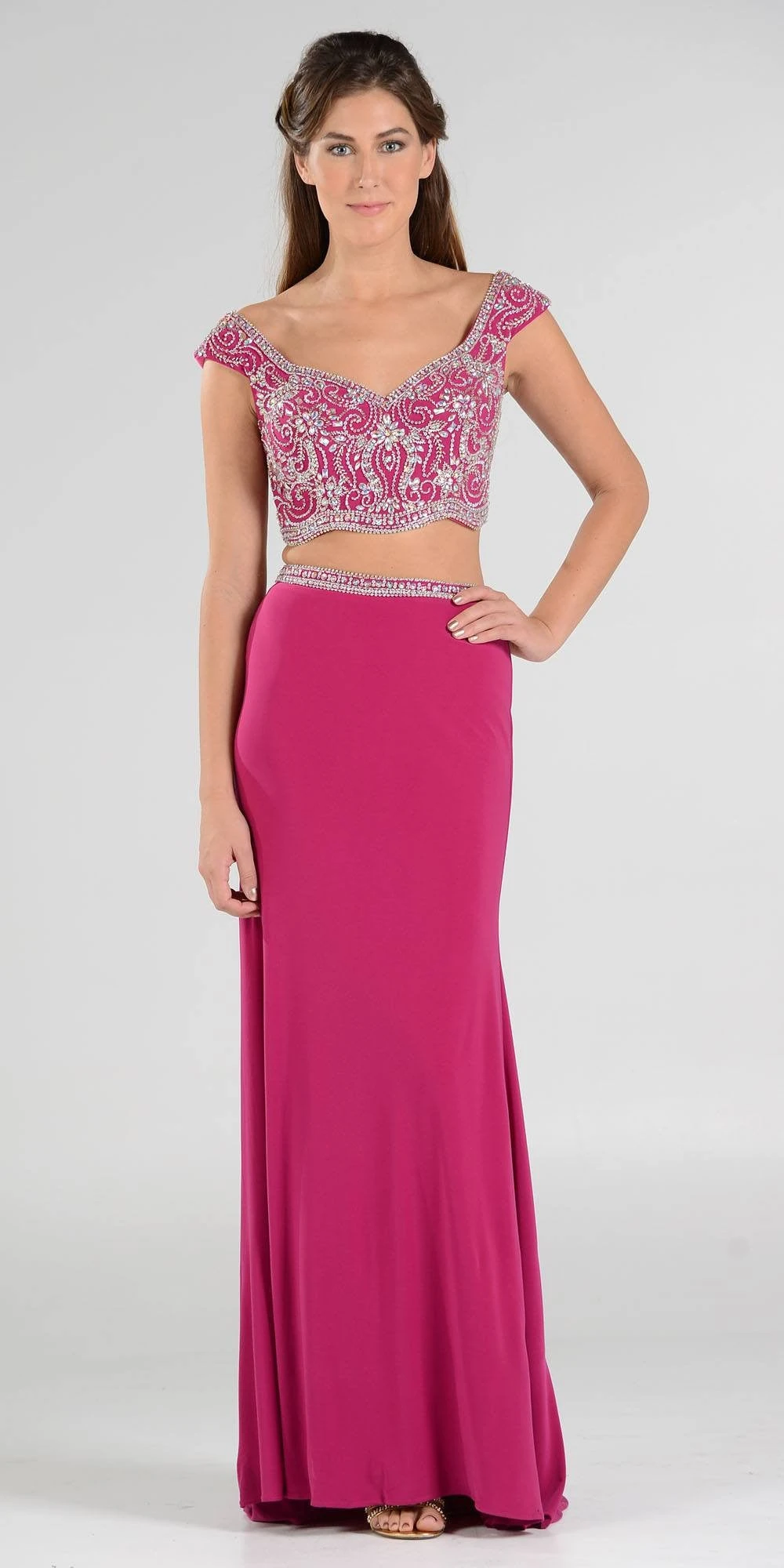 Poly USA | Ed Young 7840 Beaded Crop Top Two-Piece Dress Cap Sleeves(Magenta Beaded Crop Top Two Piece Long Prom Dress Cap Sleeves) 1 Poly USA | Ed Young 7840 Beaded Crop Top Two-Piece Dress Cap Sleeves(Magenta Beaded Crop Top Two Piece Long Prom Dress Cap Sleeves)