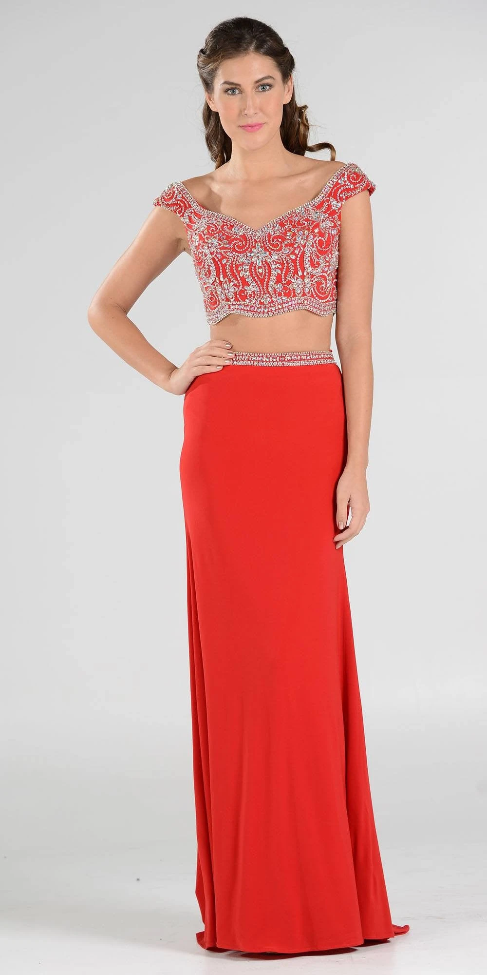Poly USA | Ed Young 7840 Beaded Crop Top Two-Piece Dress Cap Sleeves(Magenta Beaded Crop Top Two Piece Long Prom Dress Cap Sleeves) 5 Poly USA | Ed Young 7840 Beaded Crop Top Two-Piece Dress Cap Sleeves(Magenta Beaded Crop Top Two Piece Long Prom Dress Cap Sleeves) - Image 5