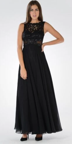 Poly USA | Ed Young 7868 Lace Bodice Sleeveless A-Line Dress Mesh Side Cut Outs(Lace Bodice Sleeveless A Line Formal Dress Black Long Mesh Side Cut Outs)