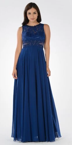 Poly USA | Ed Young 7868 Lace Bodice Sleeveless A-Line Dress Mesh Side Cut Outs(Lace Bodice Sleeveless A Line Formal Dress Black Long Mesh Side Cut Outs) -Discount Dress Shops 7868po navy