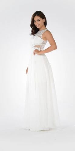 Poly USA | Ed Young 7868 Lace Bodice Sleeveless A-Line Dress Mesh Side Cut Outs(Lace Bodice Sleeveless A Line Formal Dress Black Long Mesh Side Cut Outs) -Discount Dress Shops 7868po off white side