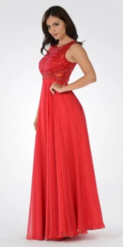 Poly USA | Ed Young 7868 Lace Bodice Sleeveless A-Line Dress Mesh Side Cut Outs(Lace Bodice Sleeveless A Line Formal Dress Black Long Mesh Side Cut Outs) -Discount Dress Shops 7868po red