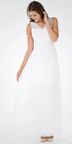 Poly USA | Ed Young 7878 V-Neck Ruched Bodice Empire Waist Chiffon Long Dress(Gray V Neck Ruched Bodice Empire Waist Chiffon Long Bridesmaids Dress) -Discount Dress Shops 7878po white 636524b7 d776 4568 accd e86c2370f6ee
