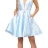 Poly USA | Ed Young 7894 Satin V-Neck Embellished Waist Short A-Line Dress(Light Blue Satin V Neck Embellished Waist A Line Homecoming Dress Short)