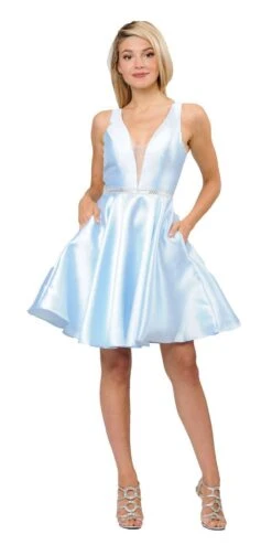 Poly USA | Ed Young 7894 Satin V-Neck Embellished Waist Short A-Line Dress(Light Blue Satin V Neck Embellished Waist A Line Homecoming Dress Short)
