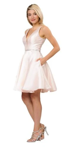 Poly USA | Ed Young 7894 Satin V-Neck Embellished Waist Short A-Line Dress(Light Blue Satin V Neck Embellished Waist A Line Homecoming Dress Short) -Discount Dress Shops 7894 poly usa light champagne side 28162022 57d2 4be6 aad4 0a99ec9fb29f