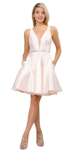 Poly USA | Ed Young 7894 Satin V-Neck Embellished Waist Short A-Line Dress(Light Blue Satin V Neck Embellished Waist A Line Homecoming Dress Short) -Discount Dress Shops 7894 poly usa light champagne 83459b17 cd06 4ce8 a14d c35218ea1498