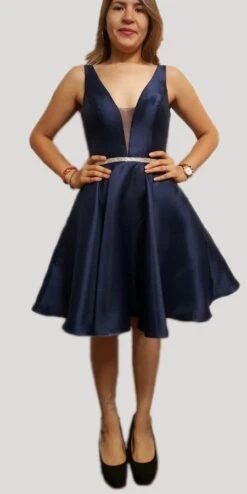 Poly USA | Ed Young 7894 Satin V-Neck Embellished Waist Short A-Line Dress(Light Blue Satin V Neck Embellished Waist A Line Homecoming Dress Short) -Discount Dress Shops 7894 poly usa navy blue e91eba40 3f67 44b2 bca9 d2907df75ee7