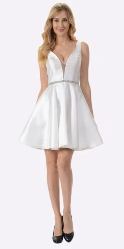 Poly USA | Ed Young 7894 Satin V-Neck Embellished Waist Short A-Line Dress(Light Blue Satin V Neck Embellished Waist A Line Homecoming Dress Short) -Discount Dress Shops 7894 poly usa off white c2bb8c62 26eb 4798 91f0 b7d9a8fcee8f