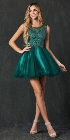 Juliet 789 Scoop Neck Appliqued Bodice Short Dress(Juliet 789 Scoop Neck Appliqued Bodice Short Prom Dress Green)