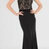 Poly USA | Ed Young 7908 Scoop Neck Appliqued Bodice Gown Cap Sleeves(Scoop Neck Appliqued Bodice Fit And Flare Prom Gown Black Nude Cap Sleeves)