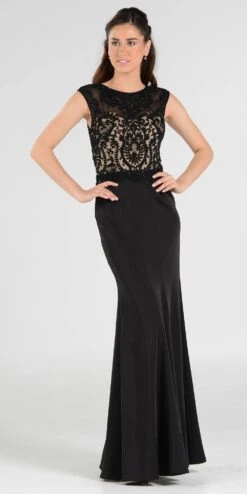 Poly USA | Ed Young 7908 Scoop Neck Appliqued Bodice Gown Cap Sleeves(Scoop Neck Appliqued Bodice Fit And Flare Prom Gown Black Nude Cap Sleeves)