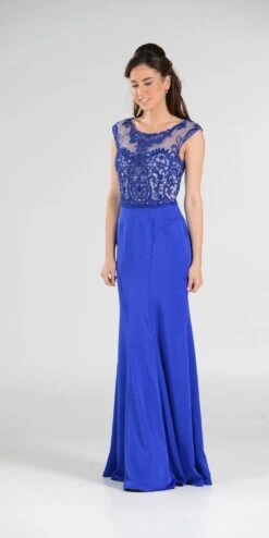 Poly USA | Ed Young 7908 Scoop Neck Appliqued Bodice Gown Cap Sleeves(Scoop Neck Appliqued Bodice Fit And Flare Prom Gown Black Nude Cap Sleeves) -Discount Dress Shops 7908po royal side 8b400fa7 e6cd 4584 9f29 f7af2e3d228b