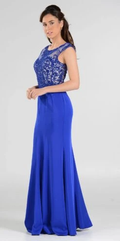 Poly USA | Ed Young 7908 Scoop Neck Appliqued Bodice Gown Cap Sleeves(Scoop Neck Appliqued Bodice Fit And Flare Prom Gown Black Nude Cap Sleeves) -Discount Dress Shops 7908po royal cd907737 2bb7 4a20 a85c ea97719bb768