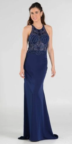 Poly USA | Ed Young 7966 Sheer Beaded Bodice Racer Cut-Out Back Mermaid Gown(Sheer Beaded Bodice Racer Cut Out Back Mermaid Evening Gown Silver) -Discount Dress Shops 7966po navy