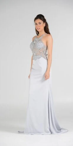 Poly USA | Ed Young 7966 Sheer Beaded Bodice Racer Cut-Out Back Mermaid Gown(Sheer Beaded Bodice Racer Cut Out Back Mermaid Evening Gown Silver) -Discount Dress Shops 7966po silver side