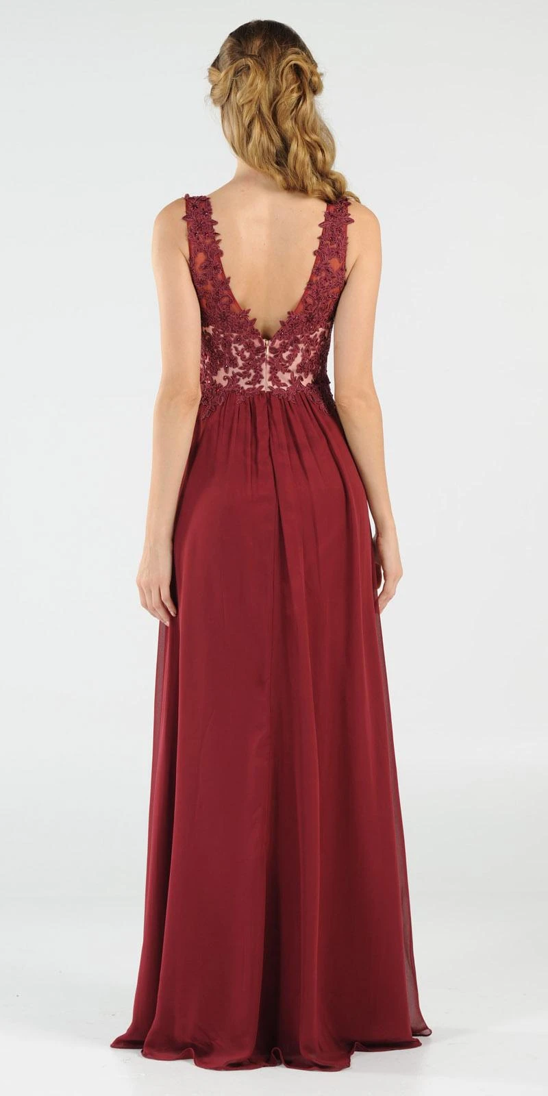 Poly USA | Ed Young 8012 V-Neck Long Dress Empire Appliqued Bodice(Burgundy V Neck Long Formal Dress Empire Waist Appliqued Bodice) 2 Poly USA | Ed Young 8012 V-Neck Long Dress Empire Appliqued Bodice(Burgundy V Neck Long Formal Dress Empire Waist Appliqued Bodice) - Image 2