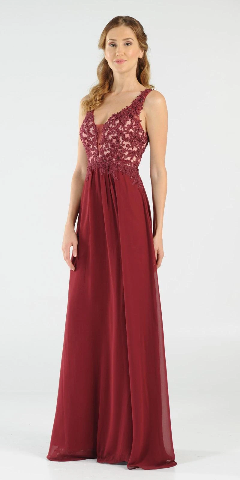 Poly USA | Ed Young 8012 V-Neck Long Dress Empire Appliqued Bodice(Burgundy V Neck Long Formal Dress Empire Waist Appliqued Bodice) 3 Poly USA | Ed Young 8012 V-Neck Long Dress Empire Appliqued Bodice(Burgundy V Neck Long Formal Dress Empire Waist Appliqued Bodice) - Image 3