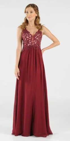 Poly USA | Ed Young 8012 V-Neck Long Dress Empire Appliqued Bodice(Burgundy V Neck Long Formal Dress Empire Waist Appliqued Bodice)
