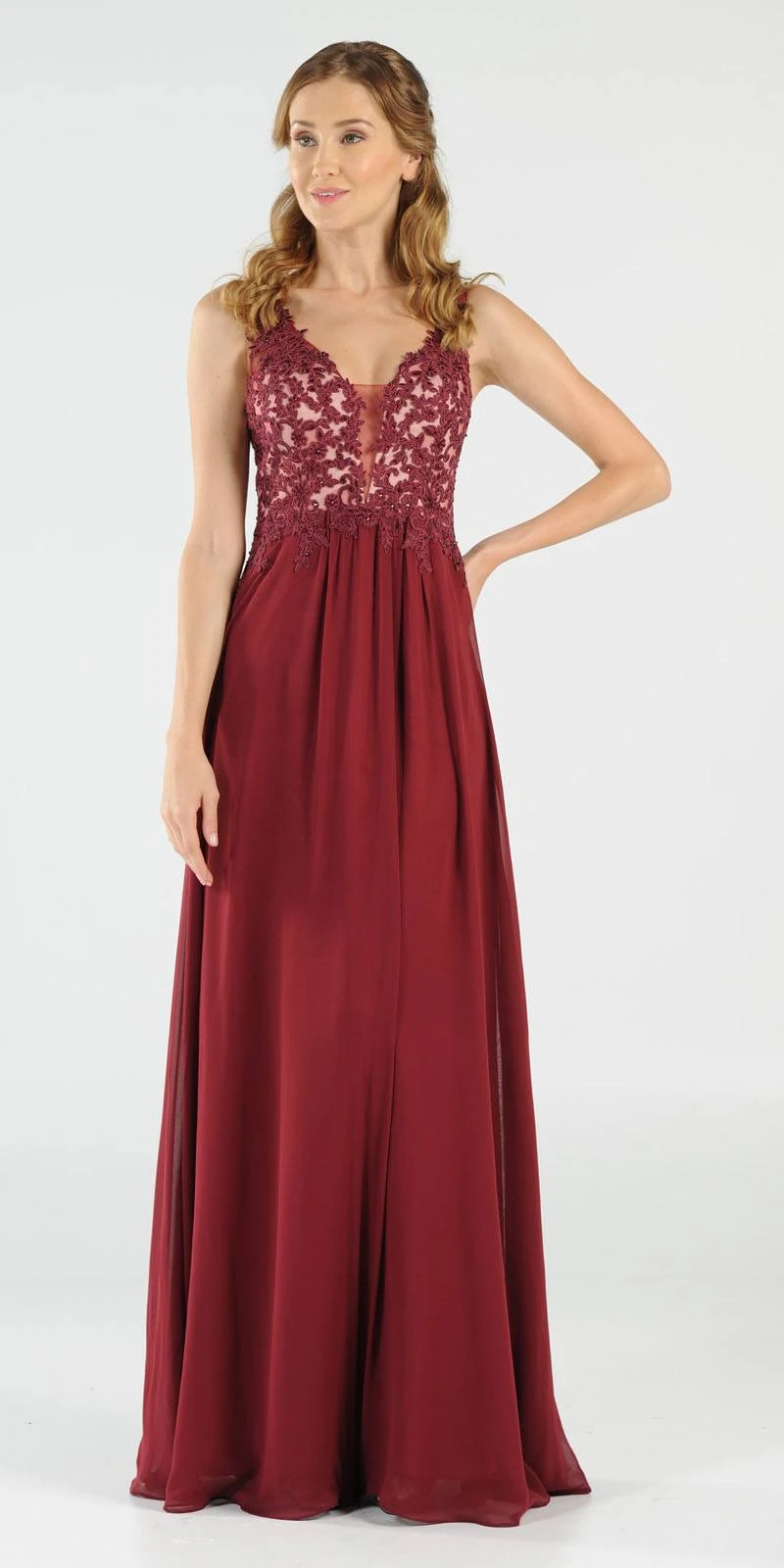 Poly USA | Ed Young 8012 V-Neck Long Dress Empire Appliqued Bodice(Burgundy V Neck Long Formal Dress Empire Waist Appliqued Bodice) 1 Poly USA | Ed Young 8012 V-Neck Long Dress Empire Appliqued Bodice(Burgundy V Neck Long Formal Dress Empire Waist Appliqued Bodice)