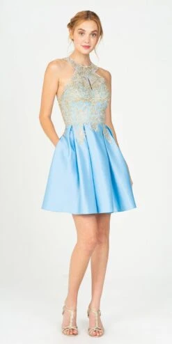Eureka 8019 Halter Short Dress With Pockets(Tiffany Blue Halter Homecoming Short Dress With Pockets)