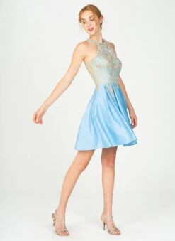 Eureka 8019 Halter Short Dress With Pockets(Tiffany Blue Halter Homecoming Short Dress With Pockets) -Discount Dress Shops 8019 eureka fashion tiffany blue side