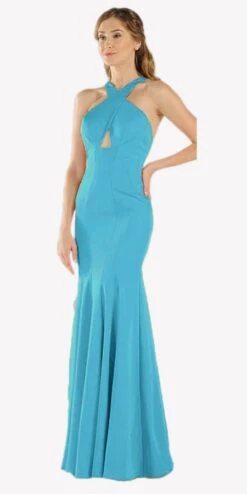 Poly USA | Ed Young 8058 Keyhole Bodice Fit And Flare Long Dress(Mauve Keyhole Bodice Fit And Flare Long Formal Dress) -Discount Dress Shops 8058 poly usa turquoise