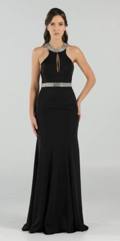 Poly USA | Ed Young 8066 High Neckline Embellished Gown Keyhole Bodice Black(High Neckline Embellished Evening Gown Keyhole Bodice Black)