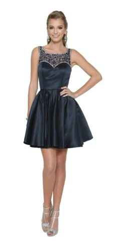 Juliet 808 Sleeveless Short Dress Beaded Illusion Neckline(Sleeveless Short Prom Dress Beaded Illusion Neckline Navy Blue)